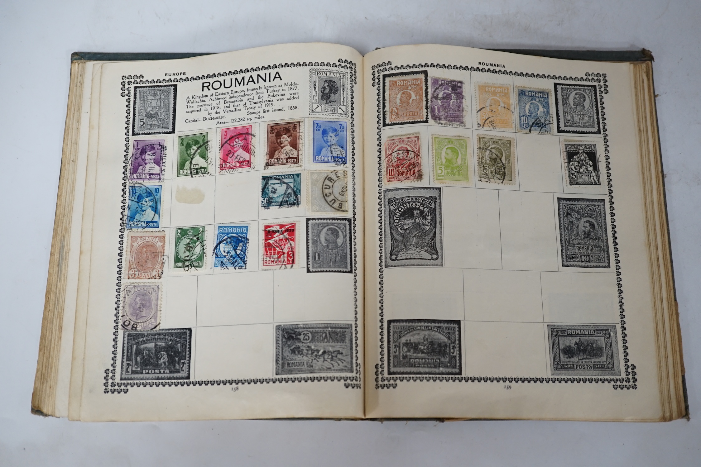 Two early 20th century Stamp Albums, containing a sparse accumulation of All World postage stamps, a 1d black and two 1d reds seen